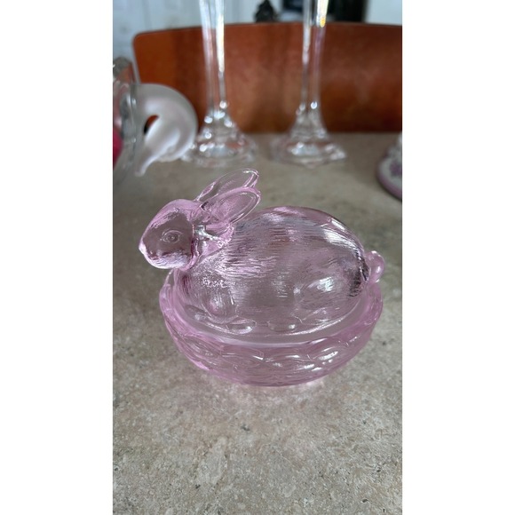 Vintage Mosser Pink Glass Bunny on Nest Trinket Dish Easter Decor 2-Piece Set - Picture 2 of 5